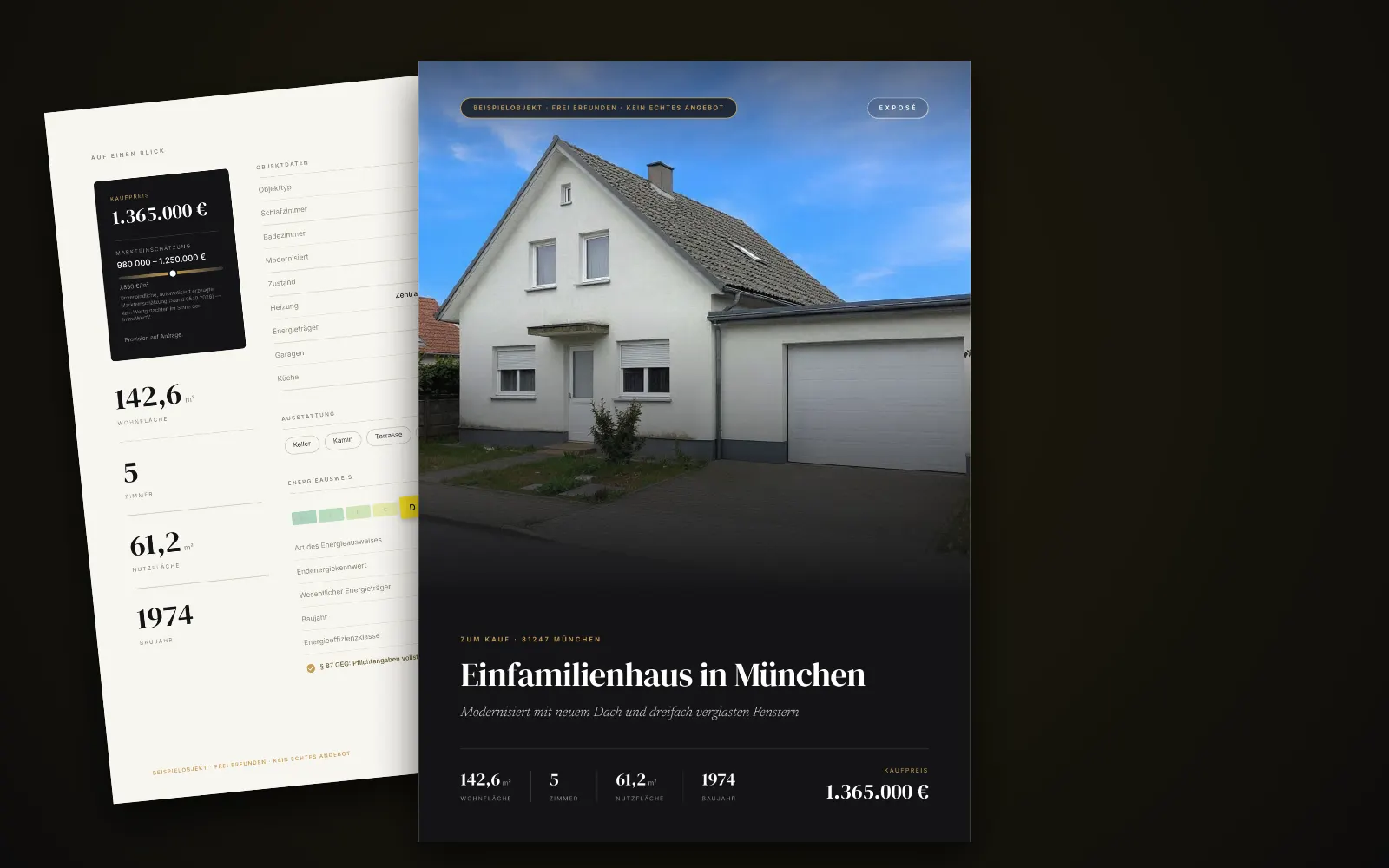 Exposé des Beispielobjekts in München: Titelseite mit Foto, Titel und Kaufpreis, dahinter zwei weitere Seiten